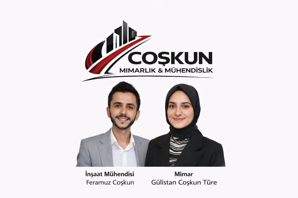 COŞKUN Mimarlık ve Mühendislik logosu; İnşaat Mühendisi Feramuz Coşkun ve Mimar Gülistan Coşkun Türe kurumsal portre görseli